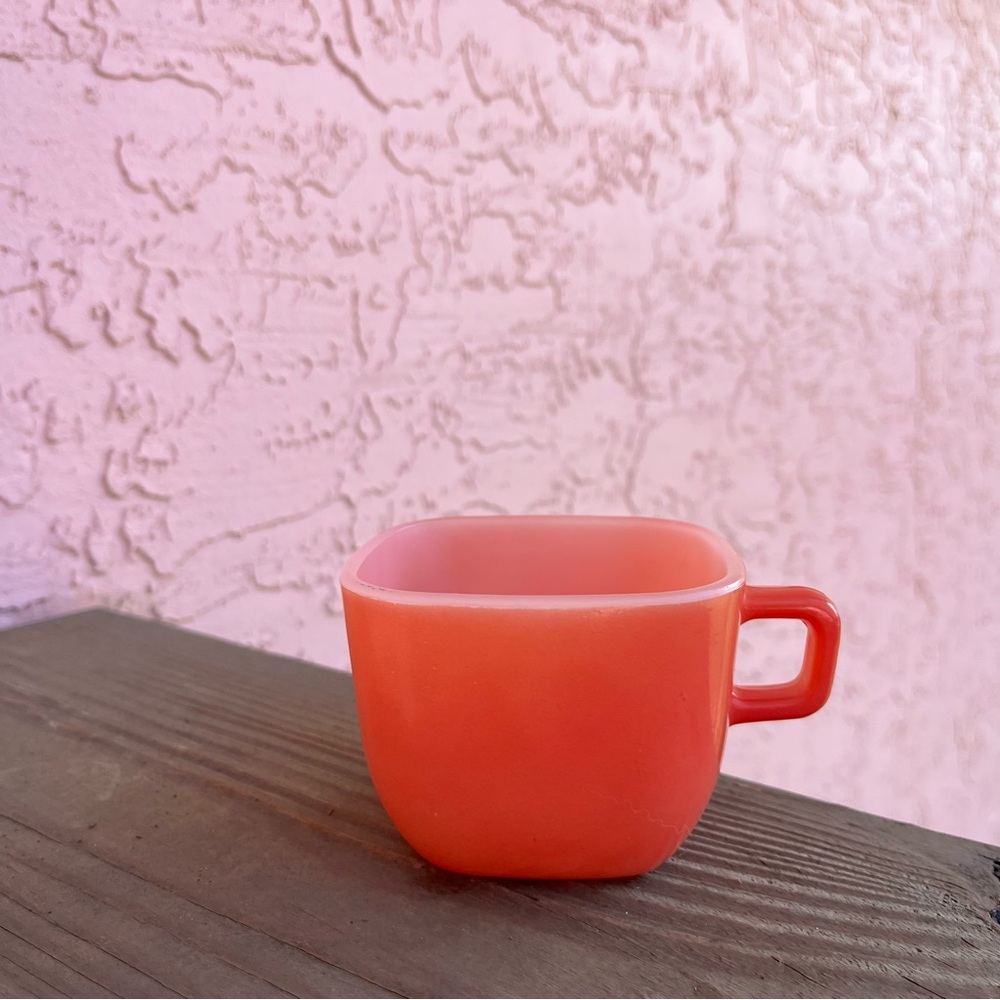 Vintage Glasbake Square Cup Mug Pink Salmon Coral 50s 60s USA